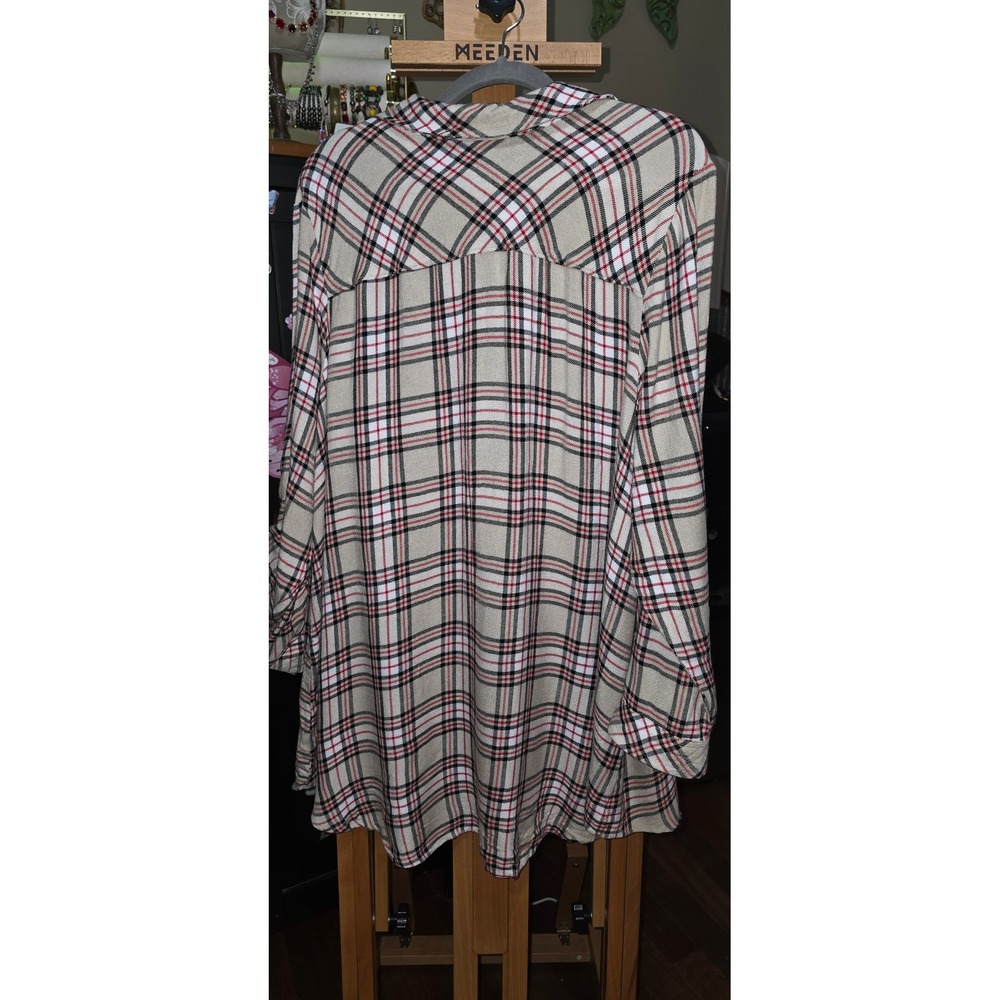Intro Women 3X Plaid Button Down Tunic Studded Roll Tab Sleeve Tan Red Black